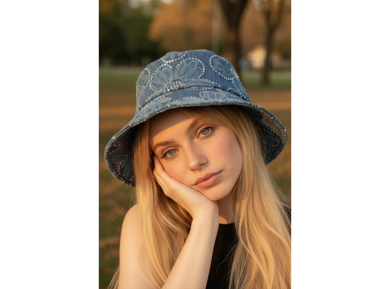 Lacivert Renk Çiçek Figürlü Tasarım Şapka