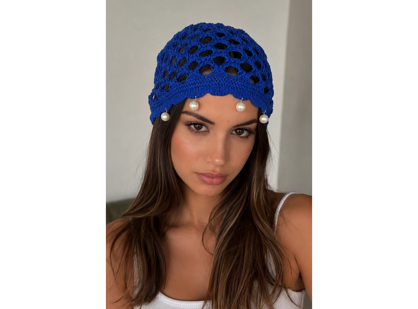 Lacivert Renk İnci Detaylı Örgü Saç Bandana