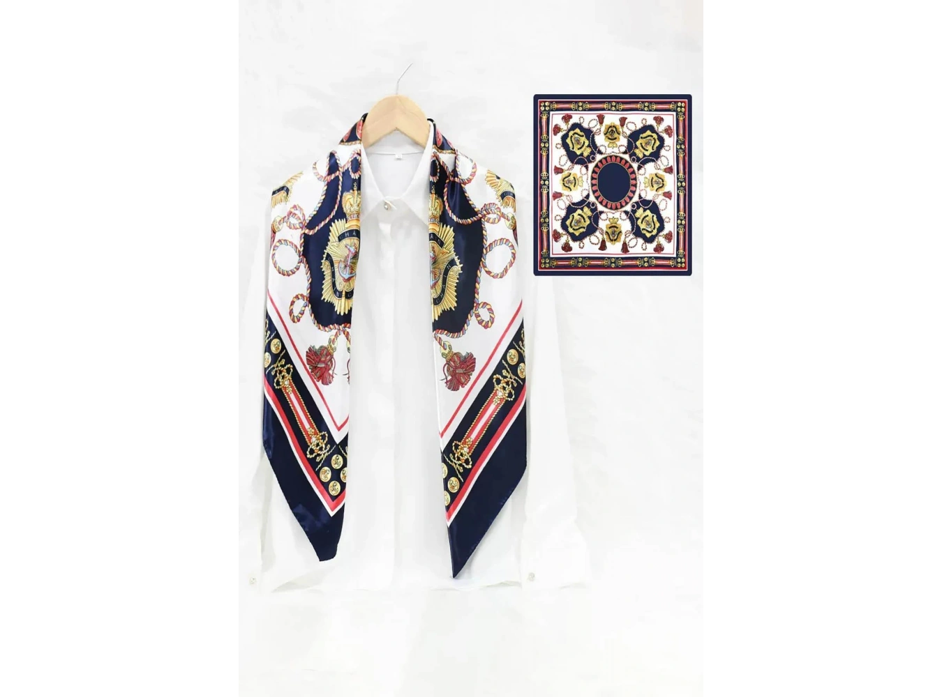 Lacivert Renk Karışık Desenli Saten Şal/Fular