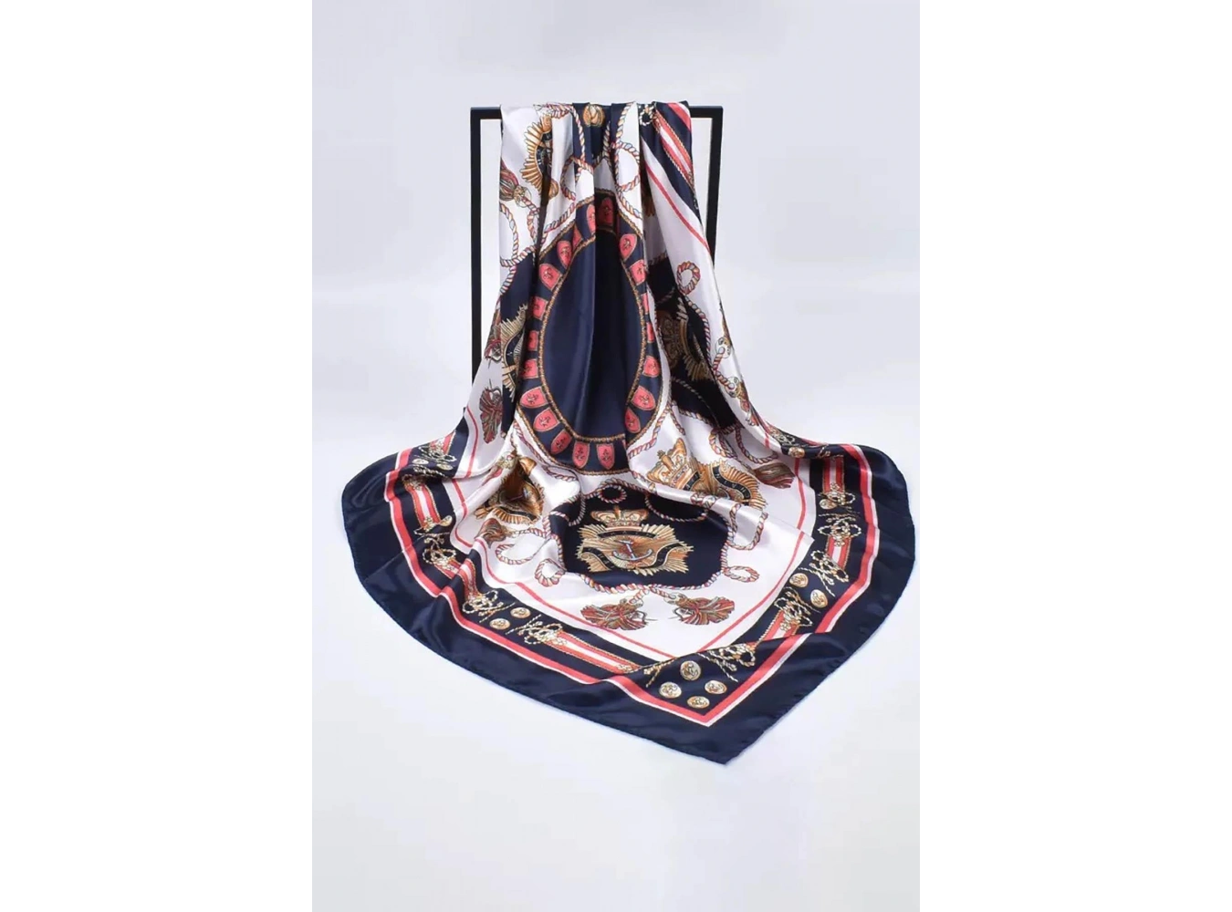 Lacivert Renk Karışık Desenli Saten Şal/Fular