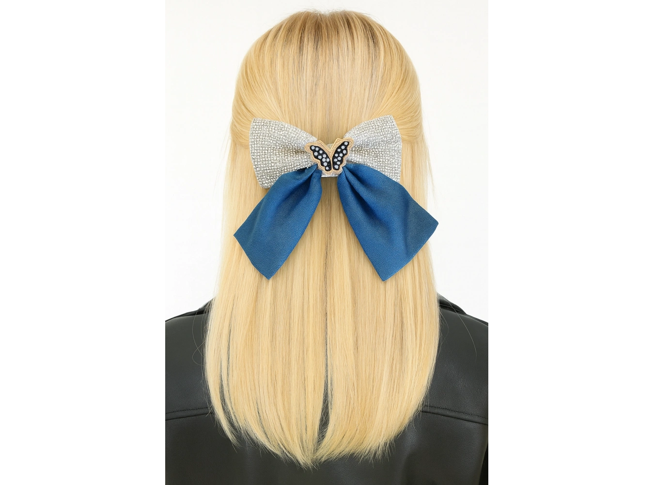 Lacivert Renk Kelebek Figürlü Taş Detaylı Kurdele Otomat Toka