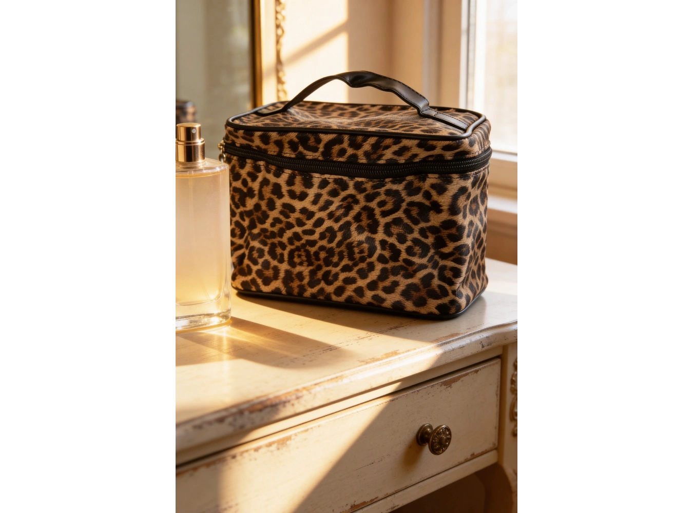 Leopar Desenli Deri  Makyaj Çantası
