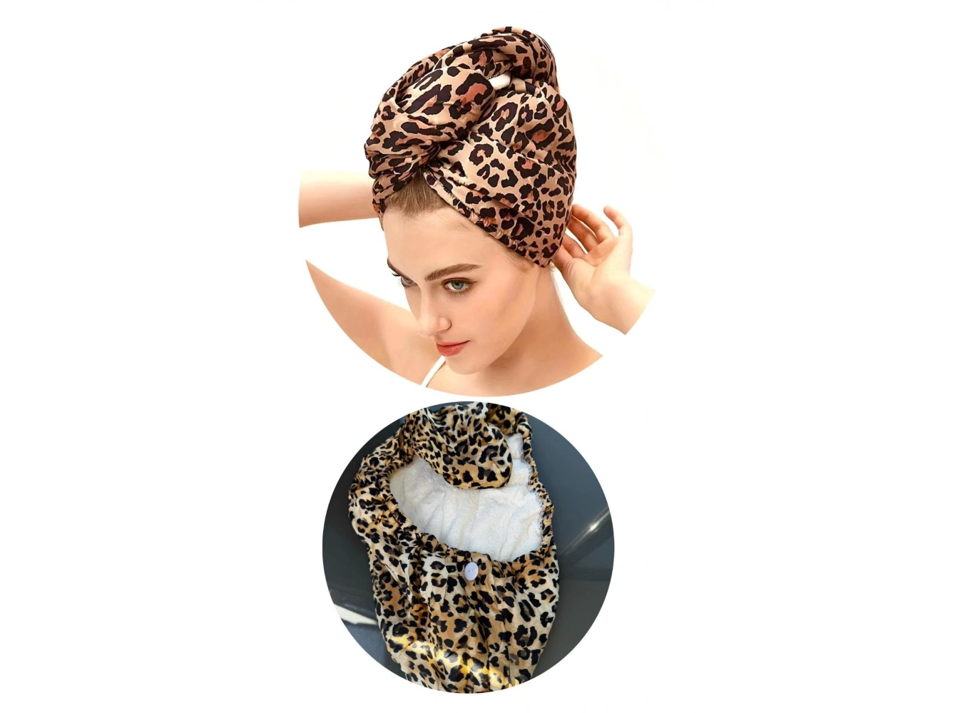 Leopar Desenli Saç Havlusu/Bonesi Lastikli
