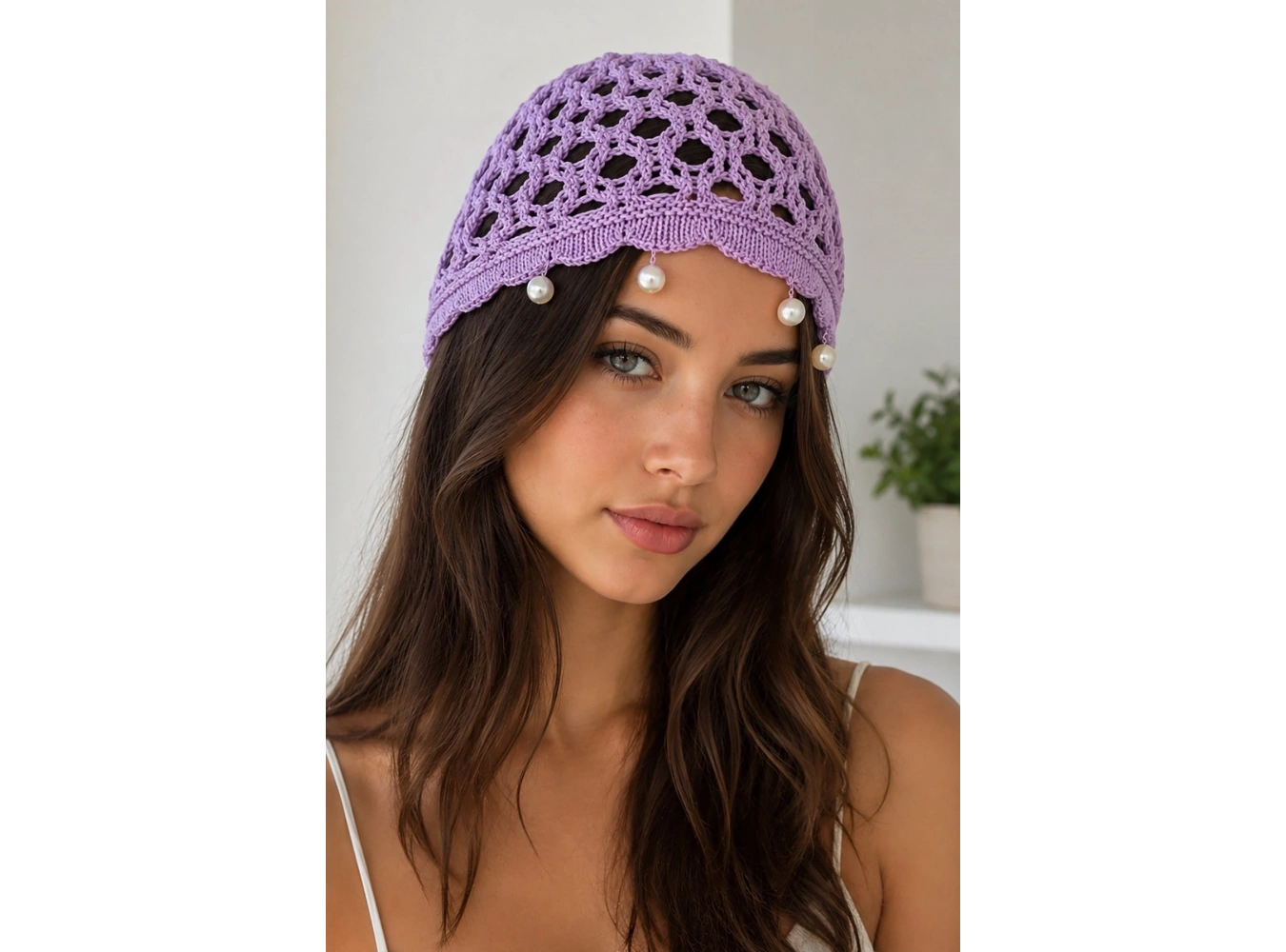 Lila Renk İnci Detaylı Örgü Saç Bandana
