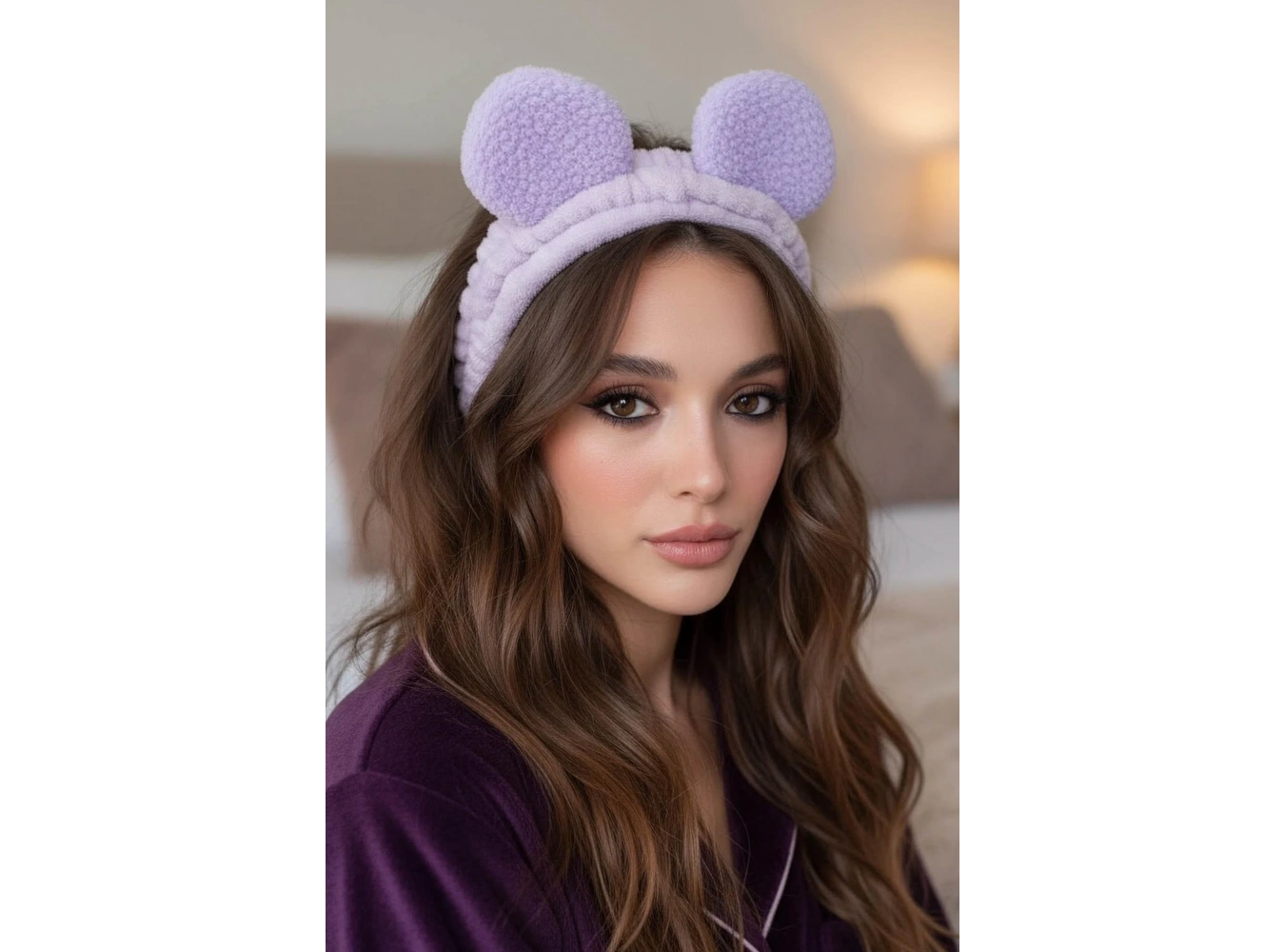 Lila Renk Kulak Detaylı Peluş Saç Bandı