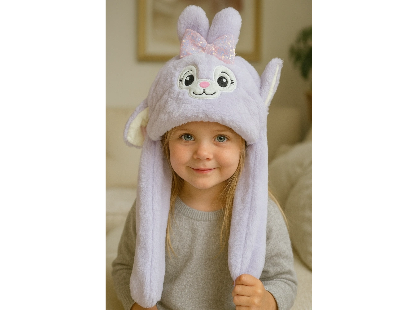 Lila Renk Tavşan Figürlü Kulakları Oynayan Peluş Şapka