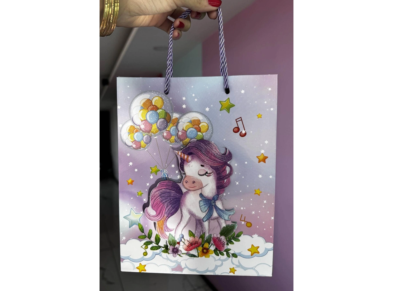 Lila Renk Unicorn Figürlü 3D Görünümlü Karton Çanta