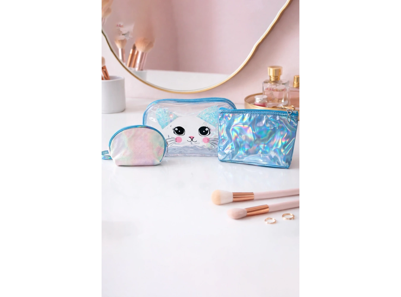 Mavi Renk 3lü Makyaj Çantası