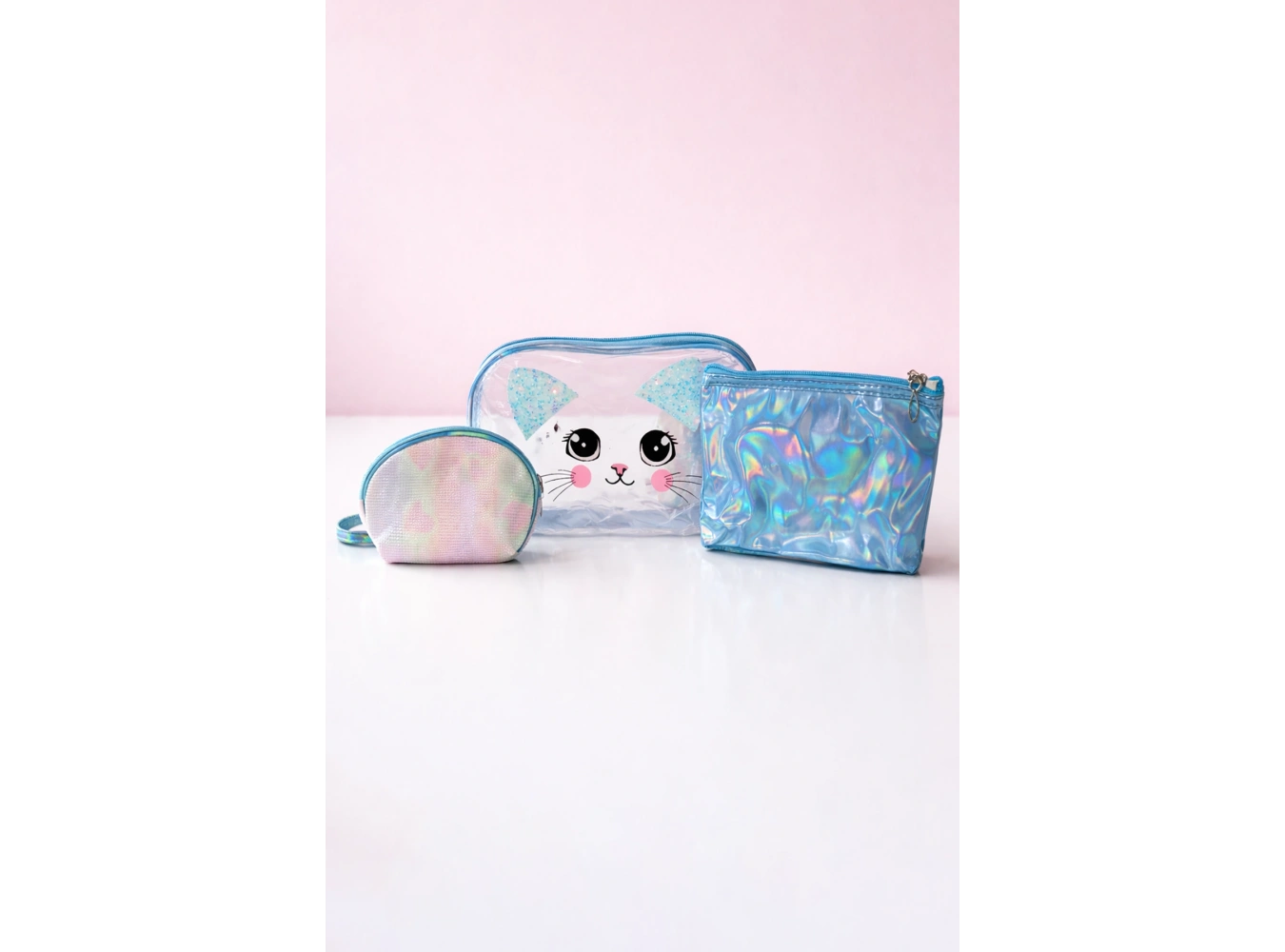 Mavi Renk 3lü Makyaj Çantası