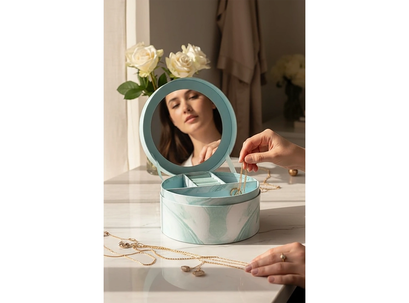 Mavi Renk Ayna Detaylı 2 Bölmeli Takı Organizeri