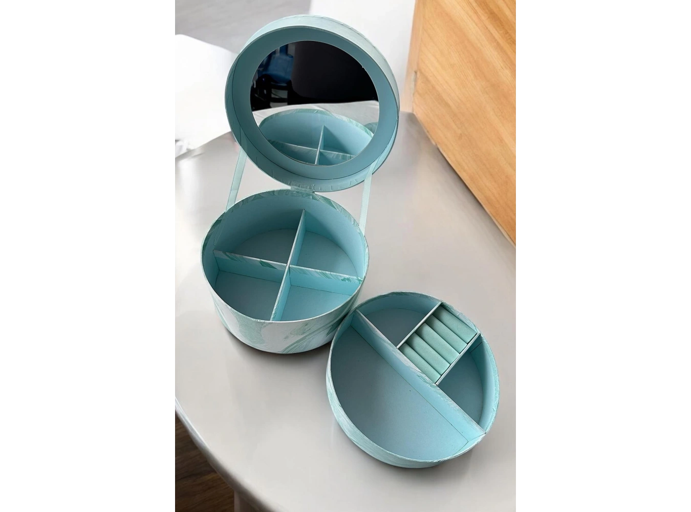 Mavi Renk Ayna Detaylı 2 Bölmeli Takı Organizeri