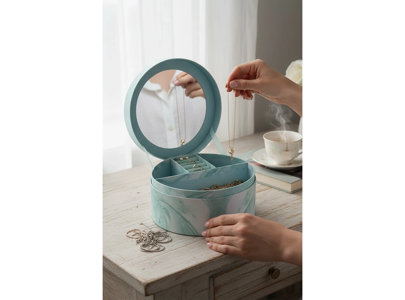 Mavi Renk Ayna Detaylı 2 Bölmeli Takı Organizeri