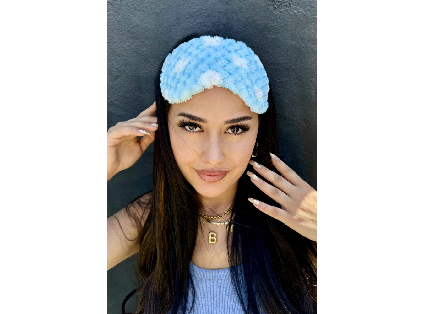 Mavi Renk Benekli Peluş Uyku Bandı