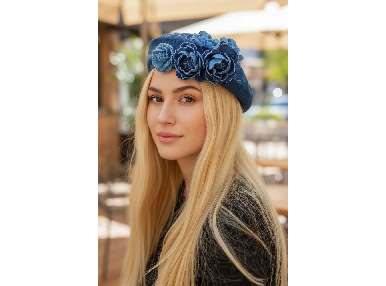 Mavi Renk Çiçek Figürlü Kot Tasarım Şapka