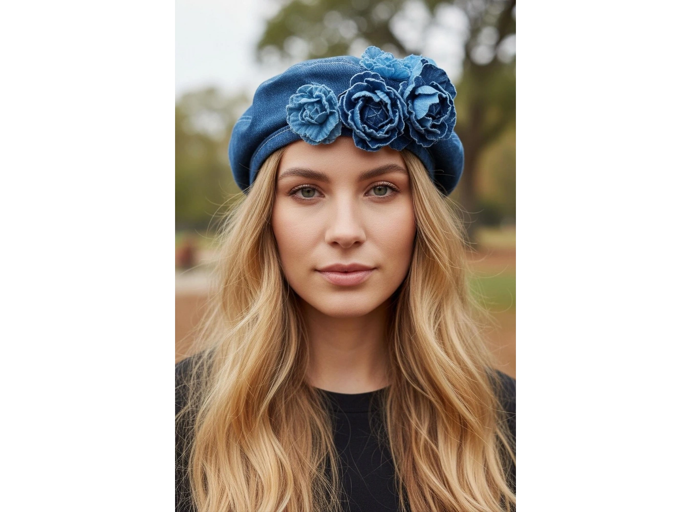 Mavi Renk Çiçek Figürlü Kot Tasarım Şapka