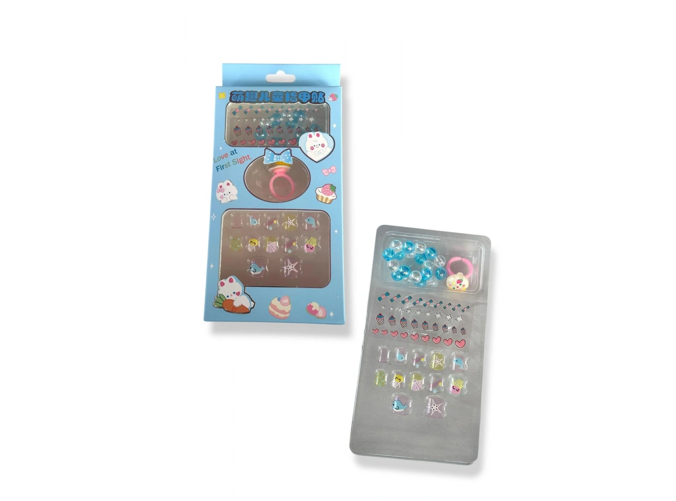 Mavi Renk Çocuk Tırnak /Bileklik /Yüzük /Sticker /Takma Tırnak Set