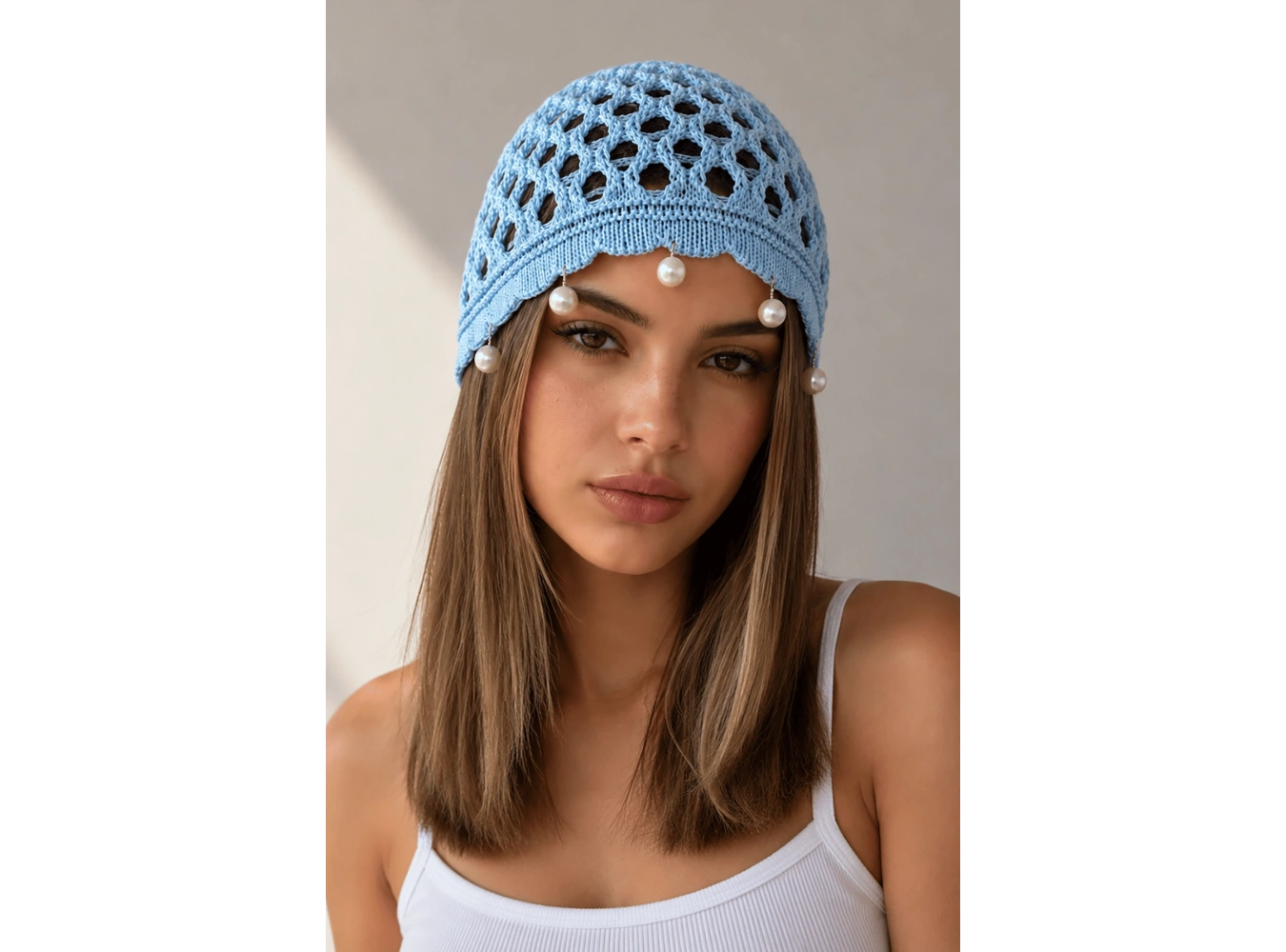 Mavi Renk İnci Detaylı Örgü Saç Bandana