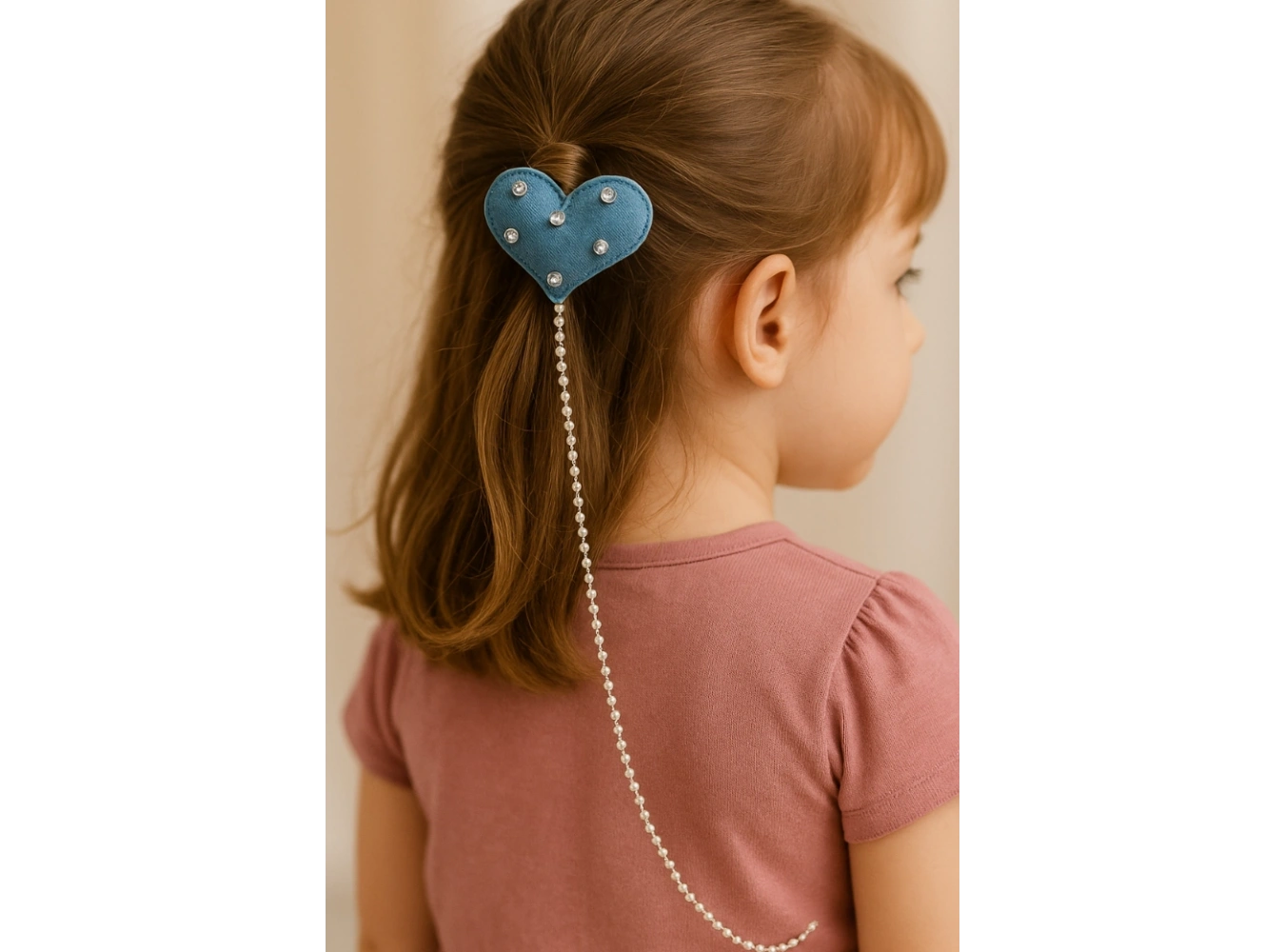 Mavi Renk Kalp Figürlü Sallantılı İnci Detaylı Çocuk Yan Toka