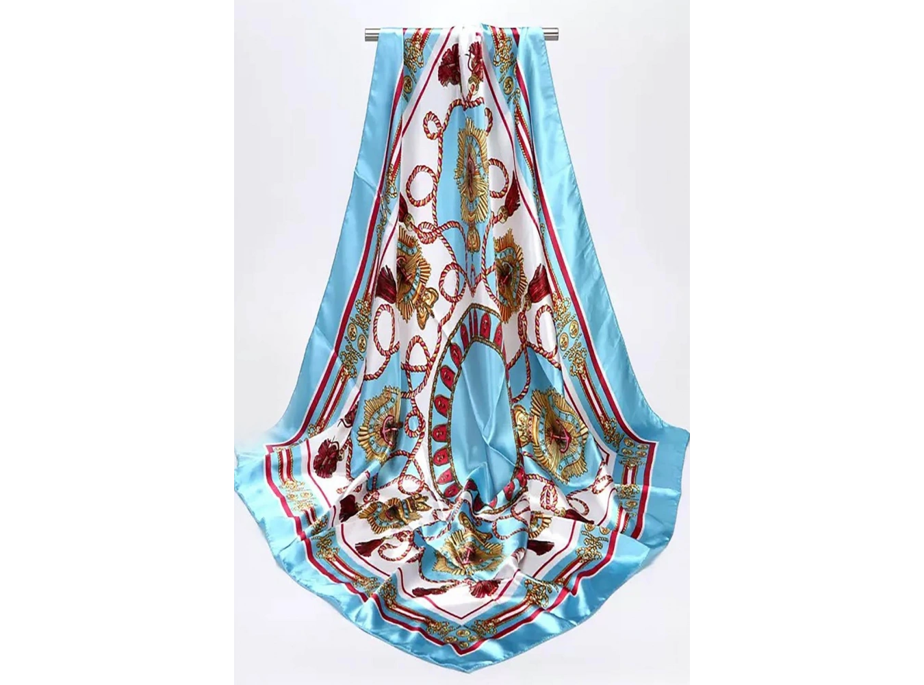 Mavi Renk Karışık Desenli Saten Şal/Fular