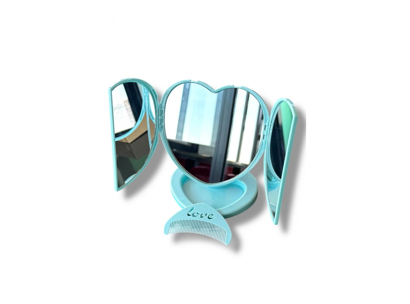 Mavi Renk Karışık Figürlü Kalp Detaylı Tarak / Masa Aynası Set