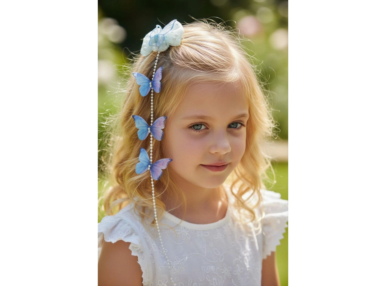 Mavi Renk Kelebek Figürlü İnci Detaylı Çocuk Yan Toka