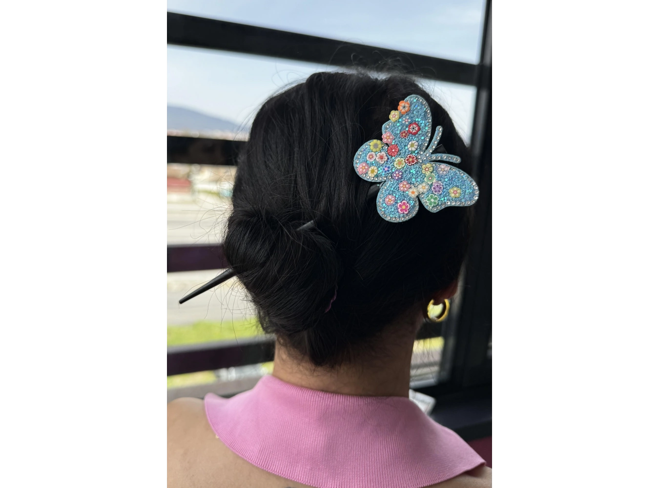 Mavi Renk Kelebek Figürlü Topuz Tokası/Topuz Kalemi