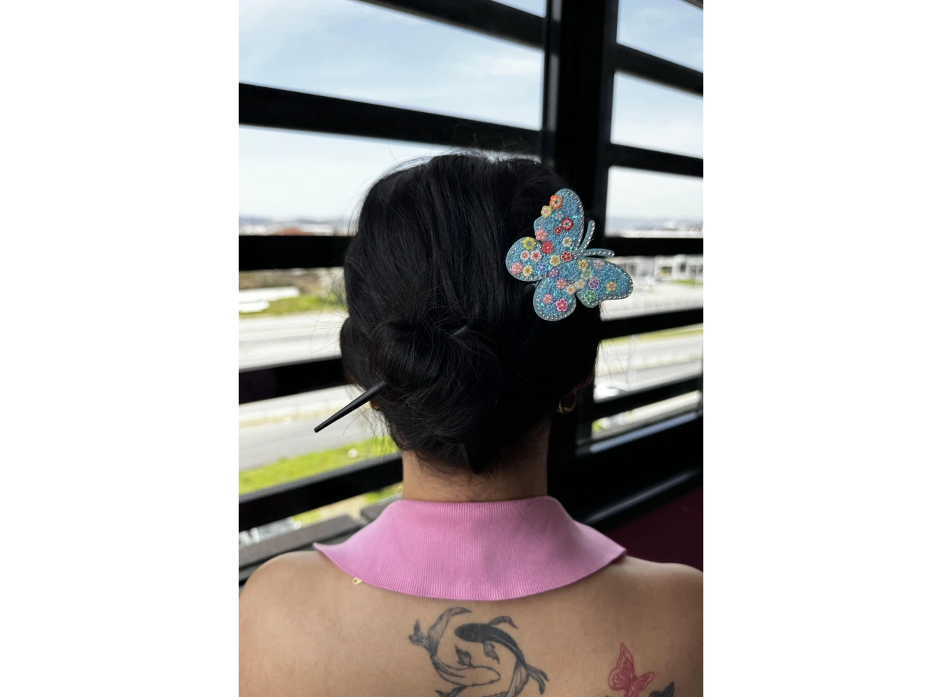 Mavi Renk Kelebek Figürlü Topuz Tokası/Topuz Kalemi