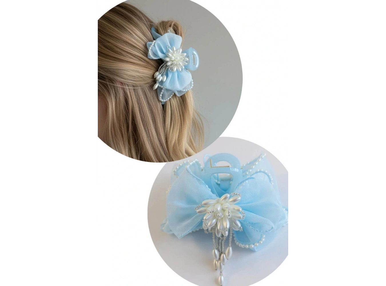 Mavi Renk Kurdele Figürlü İnci Detaylı Mandal Toka