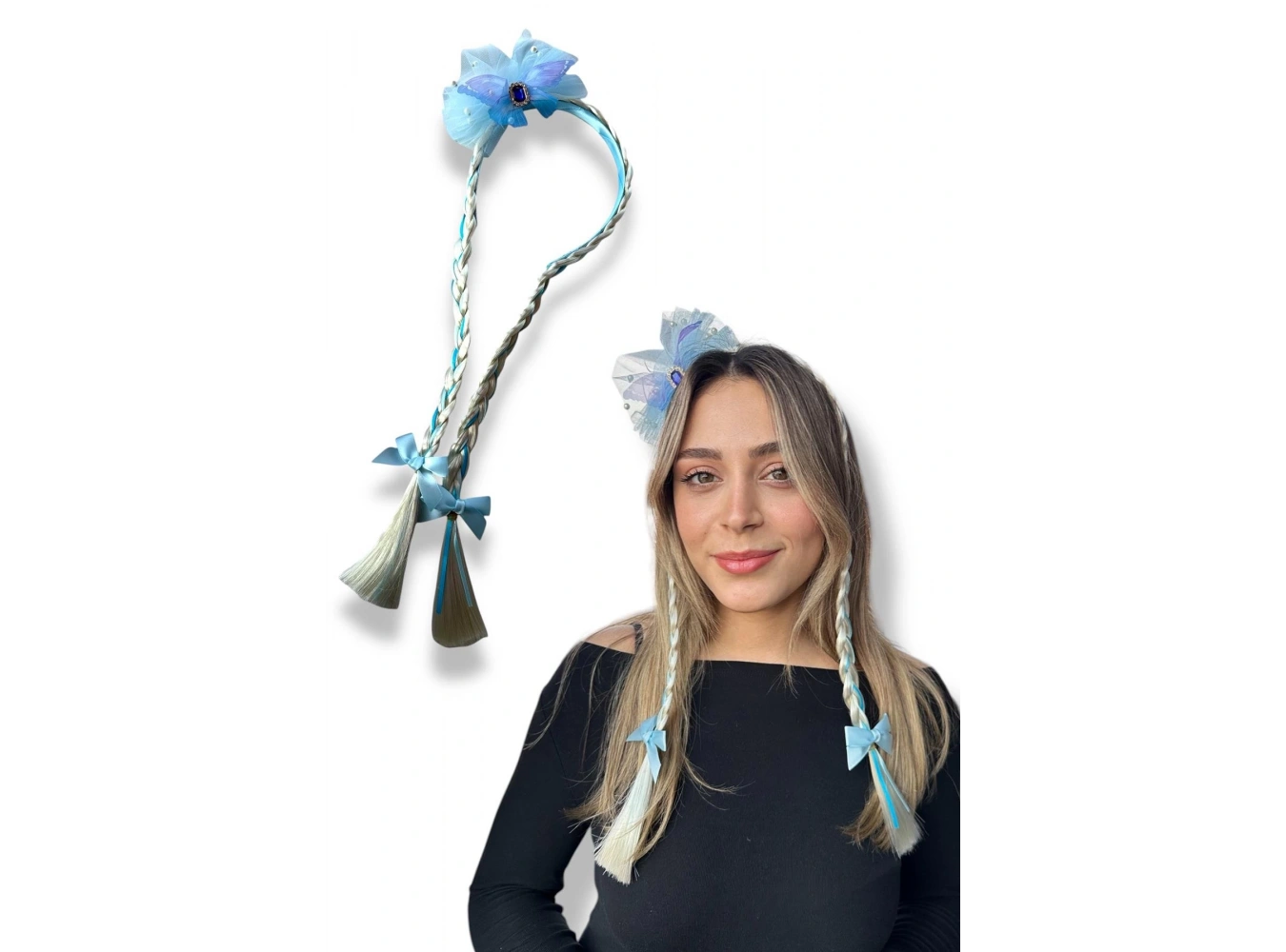 Mavi Renk Kurdele Figürlü Örgülü Çocuk Taç