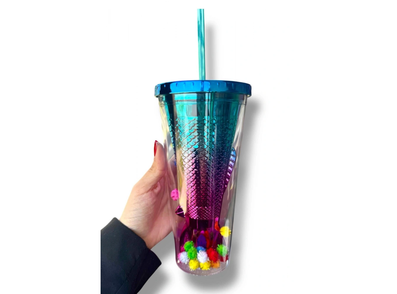 Mavi Renk Kuyruk Figürlü Ponpon Detaylı Pipetli Suluk