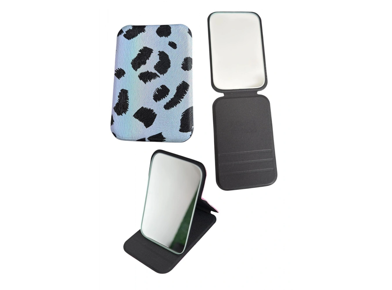 Mavi Renk Leopar Desenli Küçük Boy Katlanabilir Makyaj Aynası