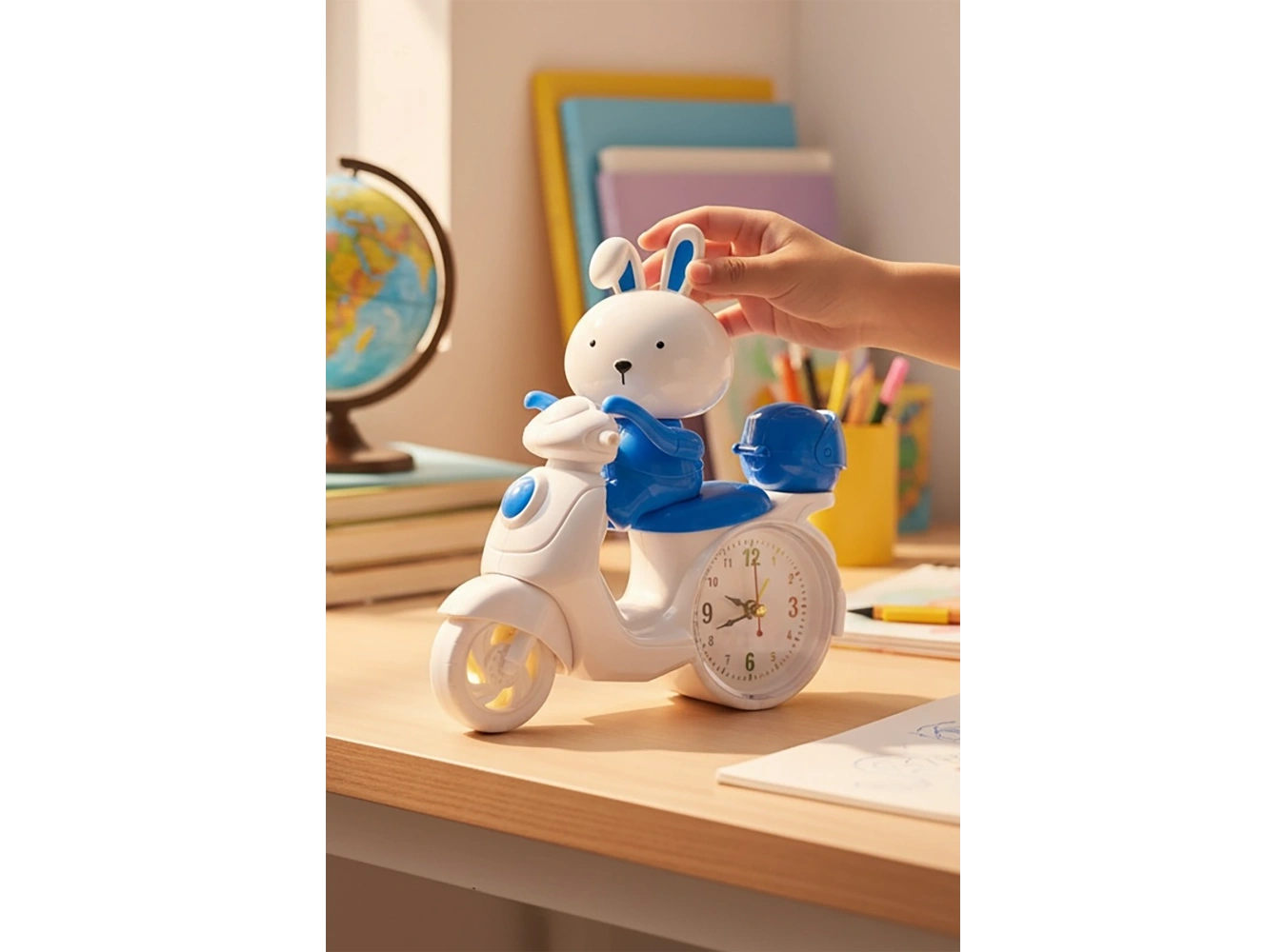 Mavi Renk Motor Figürlü Mini Dekoratif Alarmlı Yuvarlak Masa Saati