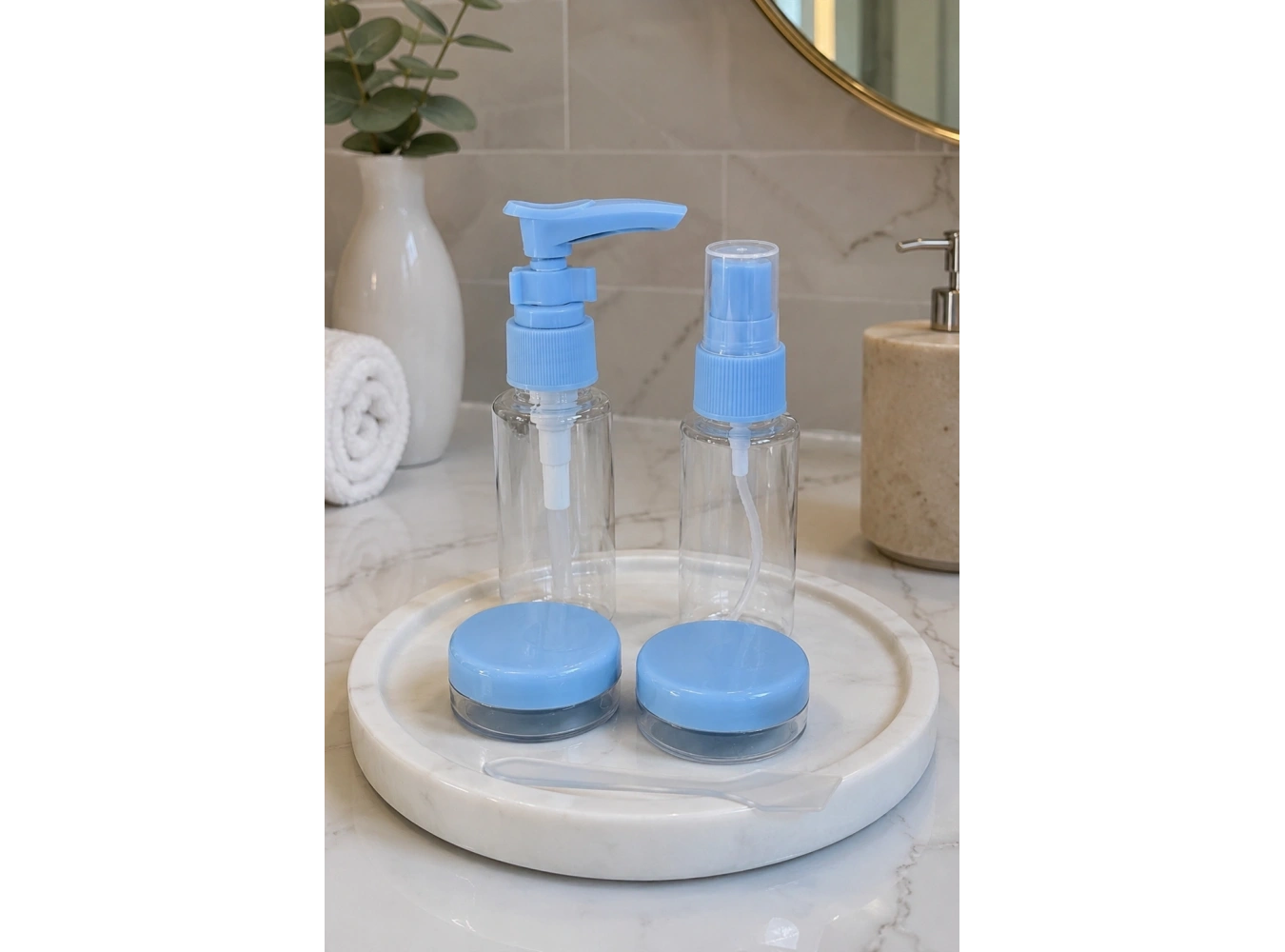 Mavi Renk Seyahat Kiti/ 4lü Doldurulabilir Şişe Set+Krem Kutusu