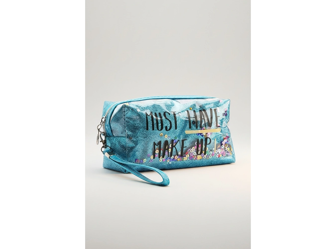 Mavi Renk Simli Makyaj Çantası