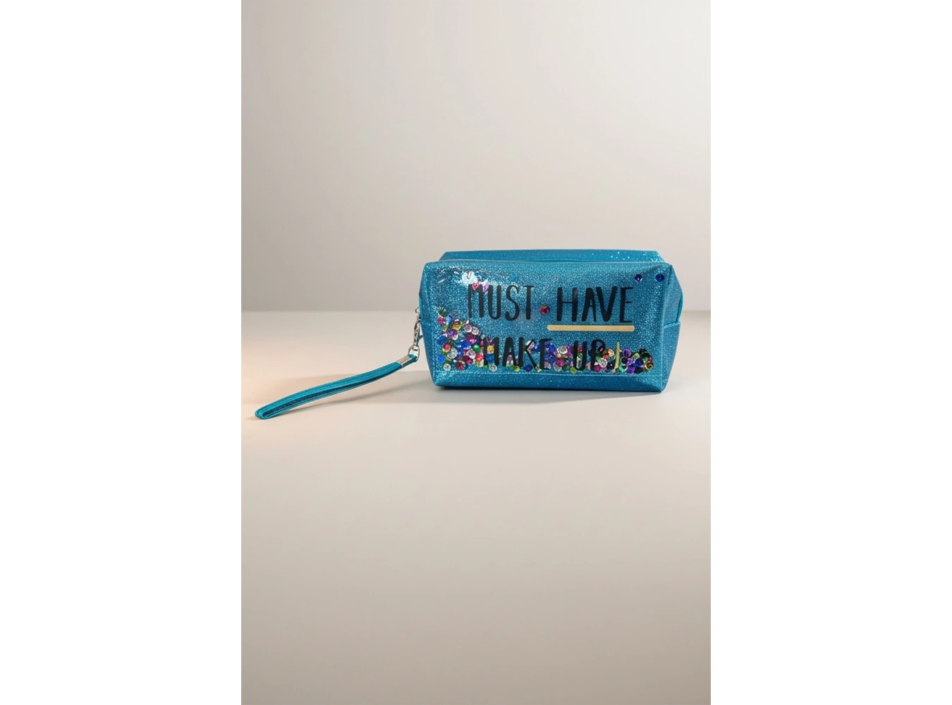 Mavi Renk Simli Makyaj Çantası