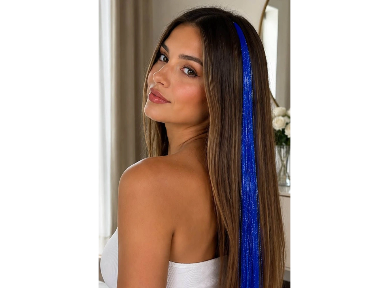 Mavi Renk Simli Yan Postiş Hair Tinsel Shiny Hair (50 Cm)