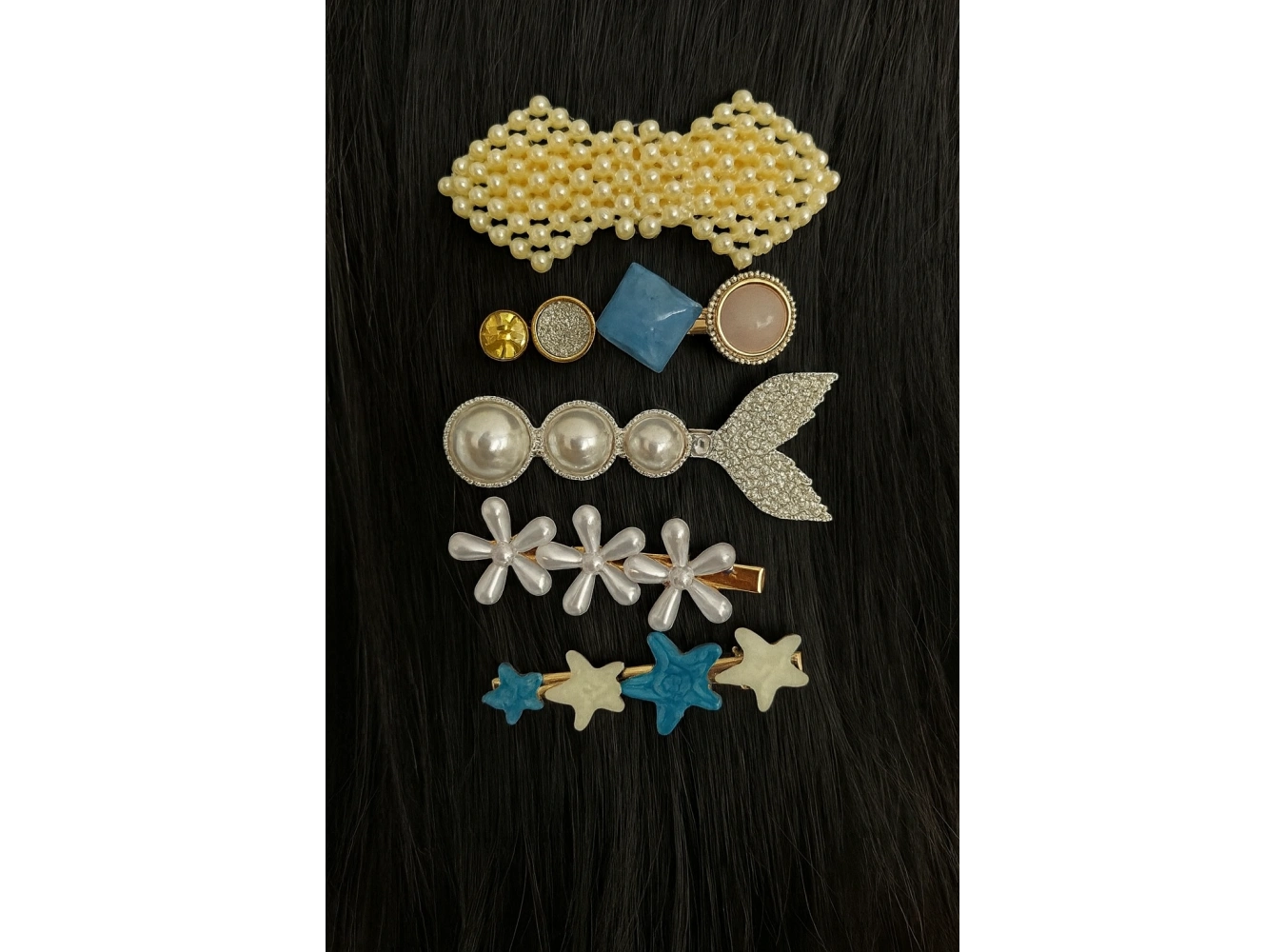 Mavi Renk Taş Detaylı 5li Yan Toka Set