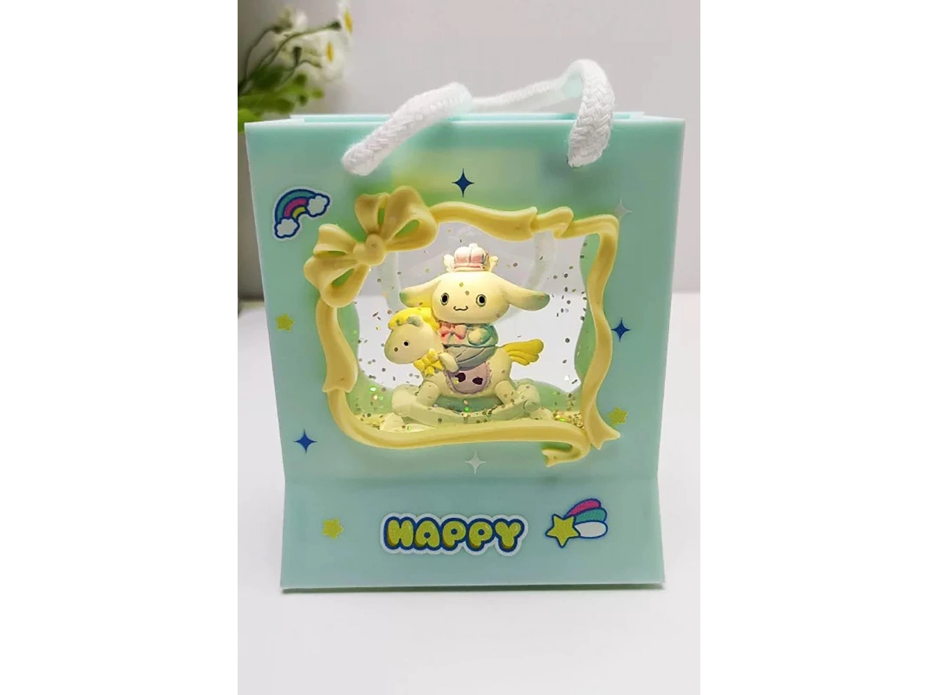 Mavi Renk Tavşan Figürlü Askı Detaylı Müziklı Işıklı Kar Küresi