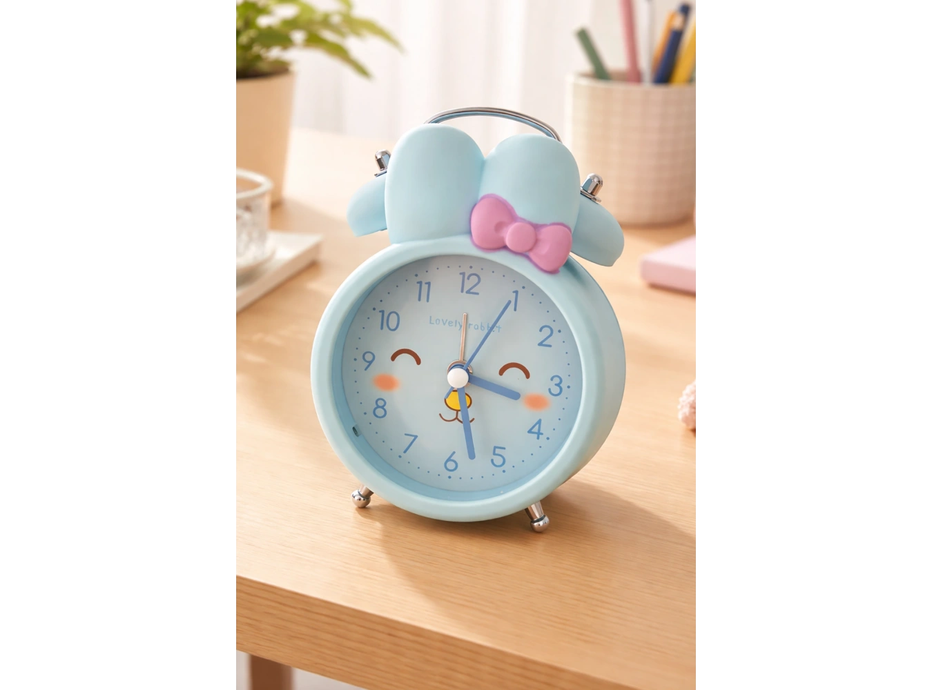 Mavi Renk Tavşan Figürlü Mini Dekoratif Işıklı Alarmlı Yuvarlak Masa Saati