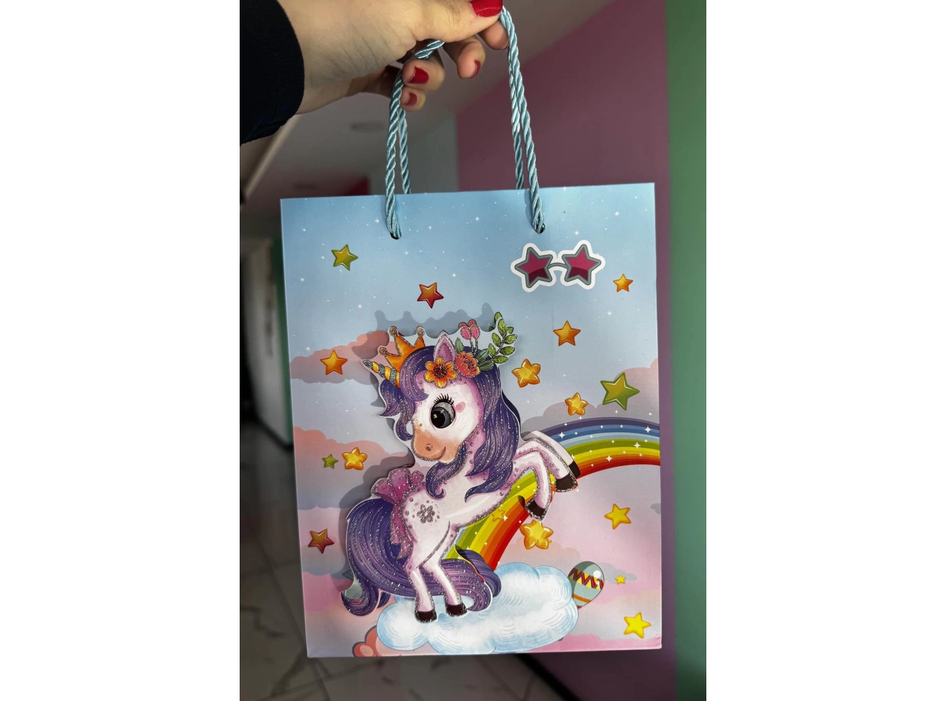 Mavi Renk Unicorn Figürlü 3D Görünümlü Karton Çanta