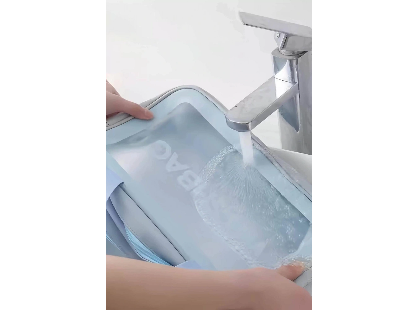 Mavi Renk Washbag Yazılı Su Geçirmez Büyük Boy Makyaj Çantası