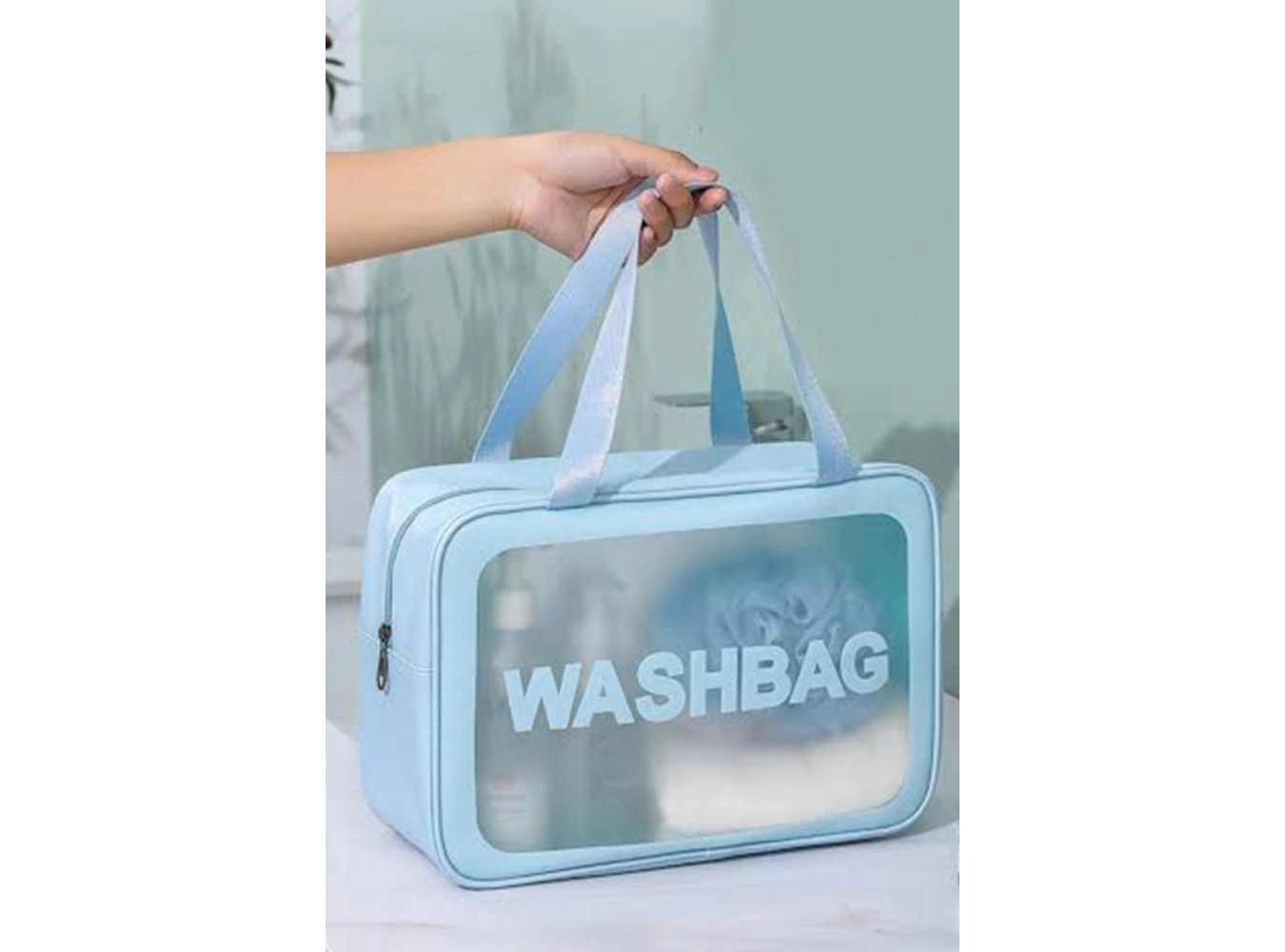 Mavi Renk Washbag Yazılı Su Geçirmez Büyük Boy Makyaj Çantası