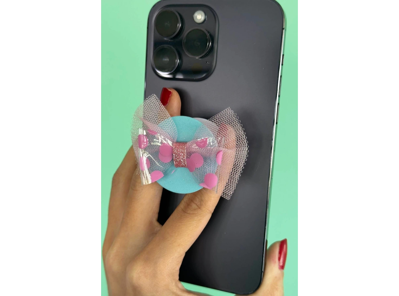 Mavi Ve Pembe Renk Kurdele Figürlü 3D Telefon Tutacağı