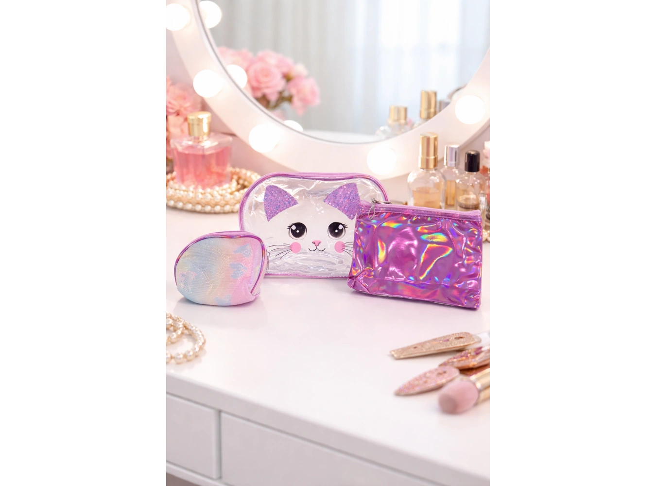 Mor Renk 3lü Makyaj Çantası