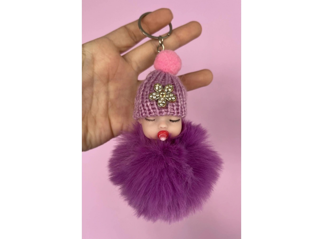 Mor Renk Bebek Figürlü Peluş Anahtarlık