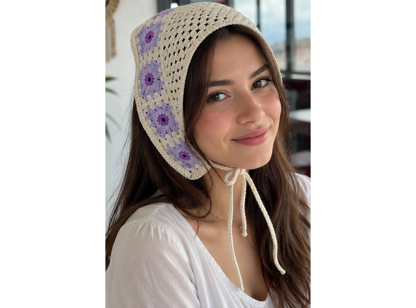 Mor Renk Çiçek Desenli Örgü Saç Bandana