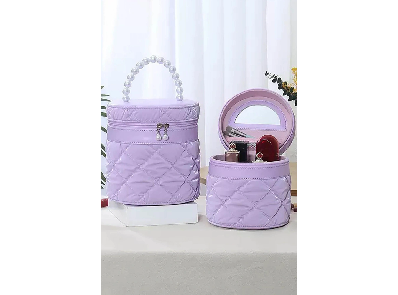 Mor Renk İnci Detaylı Makyaj Ve Kişisel Bakım Çantası