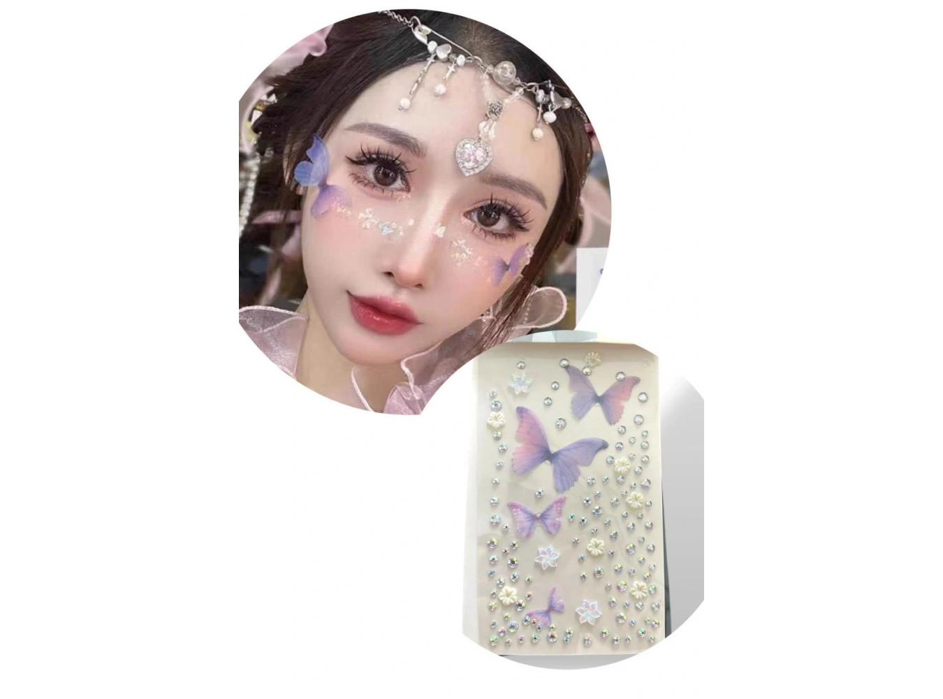 Mor Renk Kelebek Figürlü Taş Detaylı Yüz Taşı/ Yapışkanlı Taşlı Yüz Sticker