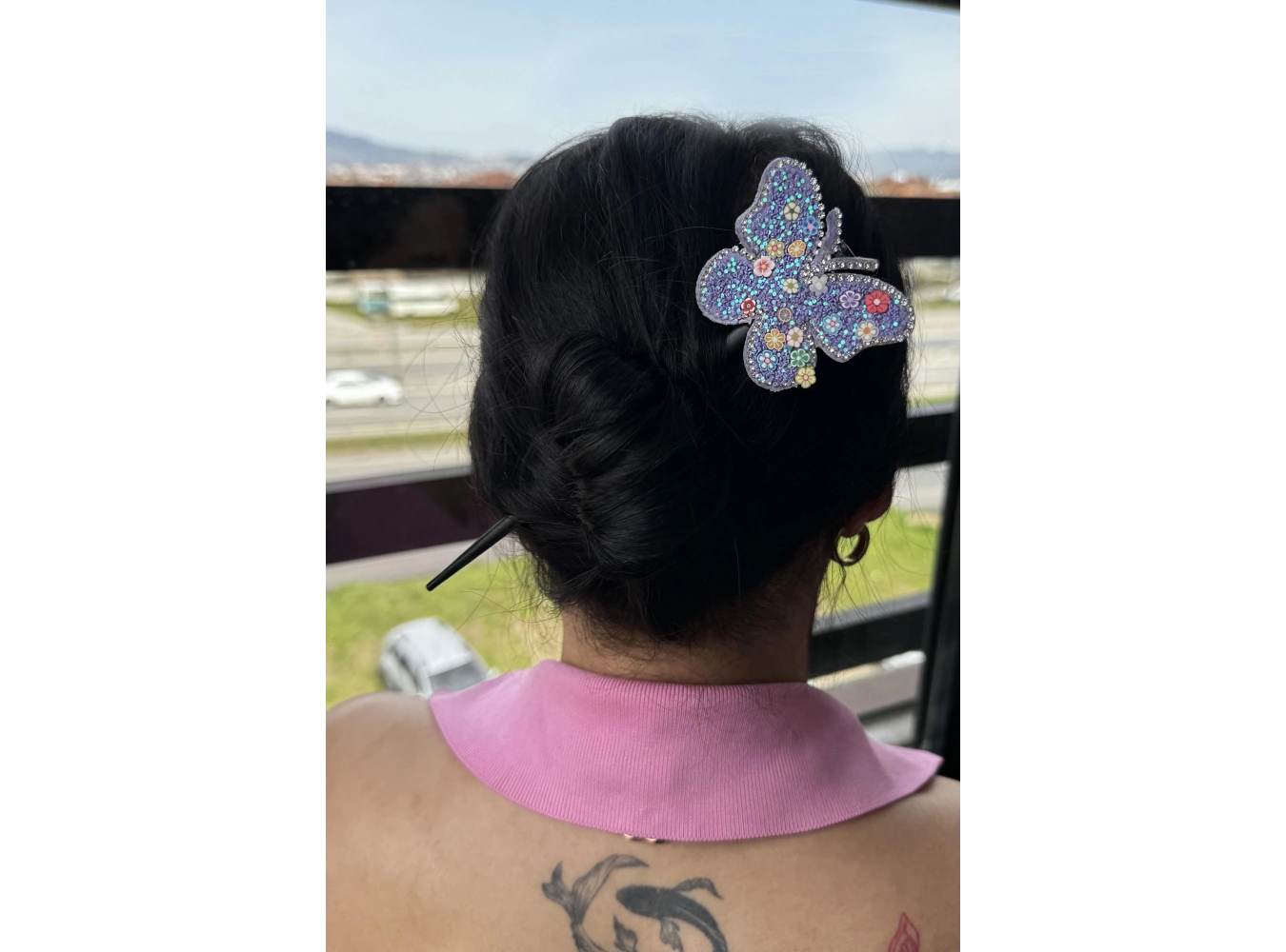 Mor Renk Kelebek Figürlü Topuz Tokası/Topuz Kalemi