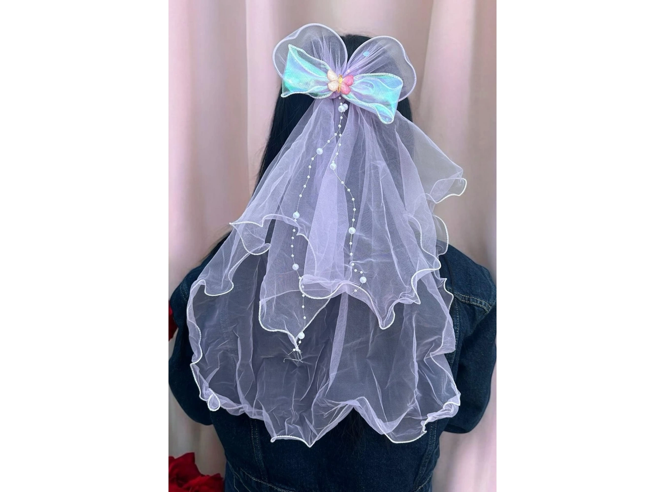 Mor Renk Kurdele Figürlü Duvak Detaylı Yan Toka